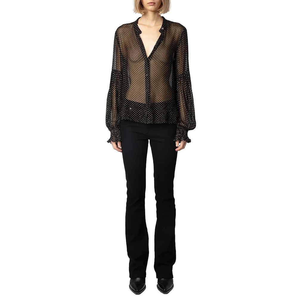 Zadig & Voltaire Tandy Mousseline Sparkle Top Womens S Black Polka Dot